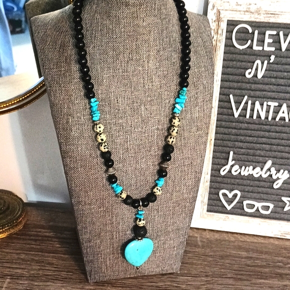 Southwest black & turquoise necklace jasper glass metals artisan custom NEW - Picture 4 of 9